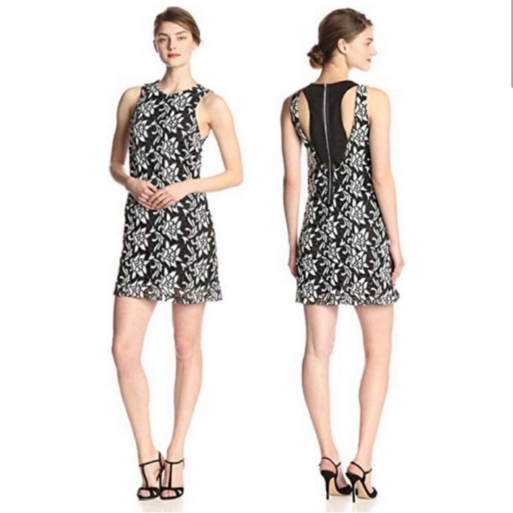 SAM EDELMAN embroidered lined black & white shift dress w open back zip closure